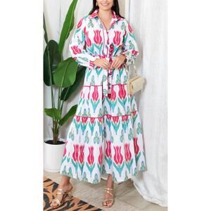 OLIPHANT Tuckernuck Tie Waist Belt Shirt Dress Maxi Midi Ikat Sumba Red Print XS